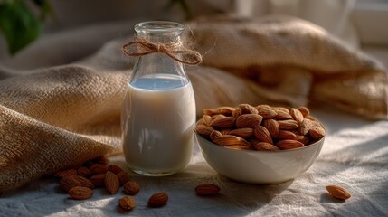 Almond Milk in Glass Bottle with Bowl of Almonds on Rustic Table