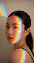 Portrait Woman - Rainbow Light on Face, Colorful Spectrum, Ethereal Beauty, Artistic Lighting, Abstract Light Effect, Vibrant Expression