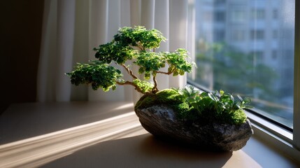 Miniature Bonsai Tree in Pot on Windowsill in Sunlight