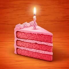 Slice of Pink Strawberry Cake - Lit Candle, Birthday Dessert, Celebration Food, Sweet Treat, Festive Cake, Confectionery, Happiness