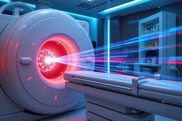 medical radiation beam targeting cancer cells, linear accelerator emitting focused beam, clinical setting, blue ambient light, hyperrealism, precise treatment concept, photorealistic rendering