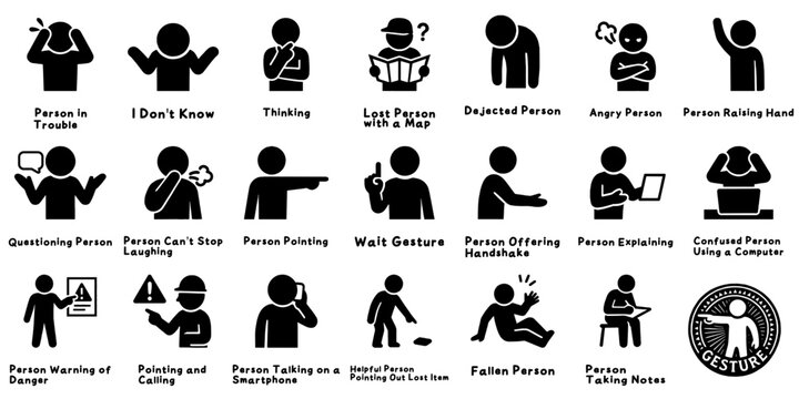 Gesture and Emotion Silhouette Icons &ndash; People in Various Actions／身振り手振りで感情や動作を伝える人物ピクトグラムセット、