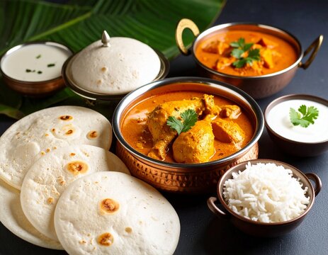 Chicken curry dish with pathiri and ideyappam served.