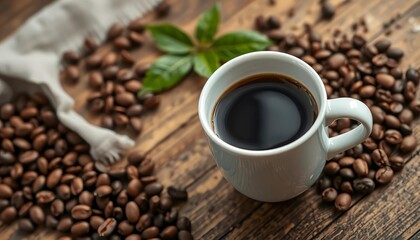 Fototapeta premium Roasted beans, ground coffee, brewed coffee in cup on rustic wood, beverage, caffeine