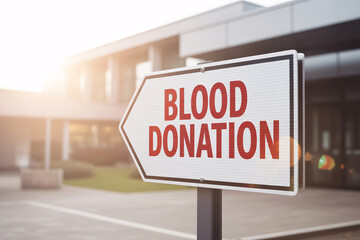 White arrow sign with red "Blood Donation" text. Directional signage in front of sunny, blurred hospital background suggests urgency and care.