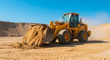 A yellow front-end loader pushing a large pile of sand under a clear blue sky.