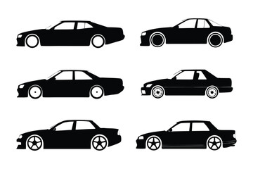 Sleek Silhouette of Car: A set of black car silhouettes, offering a clean and modern aesthetic, perfect for design and automotive themes.
