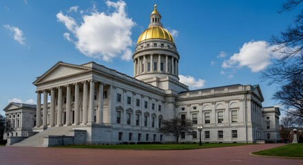 Obraz premium Exterior view of a grand government building with a golden dome under a bright blue sky.