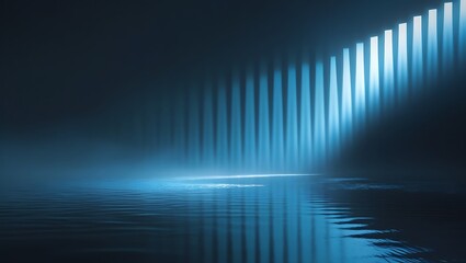 Abstract blue light rays pierce through a dark atmosphere casting vertical shadows onto a rippling water surface