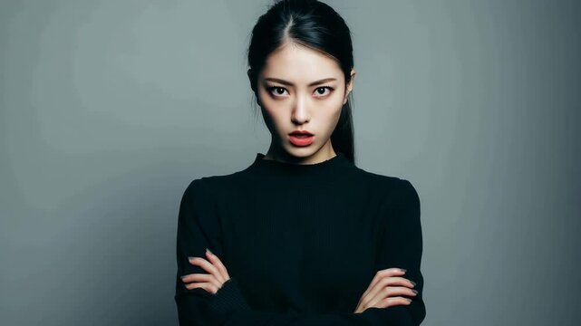 無地背景で怒りをあらわす女性のポートレート