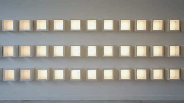 Light boxes hanging on gallery wall creating warm light pattern