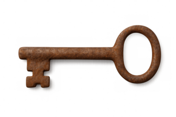 Rusty key resting on a transparent background, evoking memories of past times, hidden secrets, and the allure of access