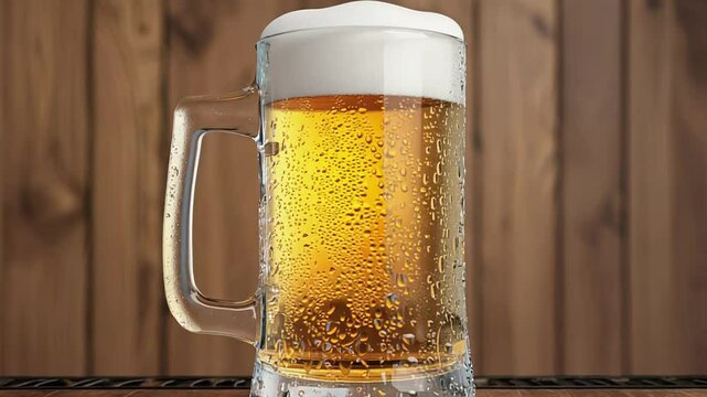 Cold beer with condensation in glass mug on wooden table
