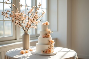 Four tier white wedding cake with peach flowers and branches image