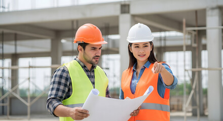 Engineers Discussing Blueprint at Active Construction Site