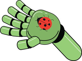 Futuristic eco-tech, Robot hand holding ladybug, sustainable digital technology concept. Artificial intelligence in green energy, nature protection