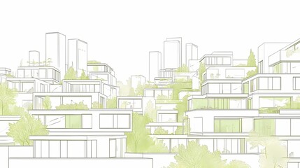 Naklejka premium Architectural sketch of a verdant, layered city.