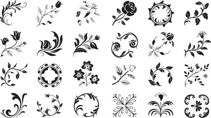 Naklejka premium Elegant Floral Designs Black and White Ornaments, Botanical Illustrations, and Decorative Elements Set