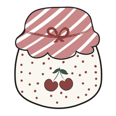 Vector illustration of a cute strawberry jam jar with pink lid and cherry detail, perfect for kitchen decor and food-themed designs