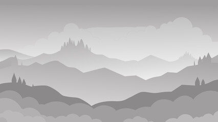 Minimalist landscape illustration of mountains and clouds in shades of gray for screen