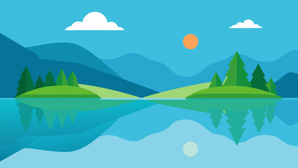 Peaceful nature scene depicting lake, mountains, trees, and sunset reflected in water