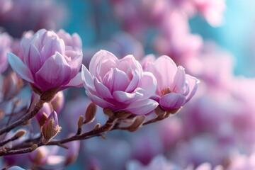 Magnolia blossoms on a branch petals with lavender hues soft background with bluetinged sky