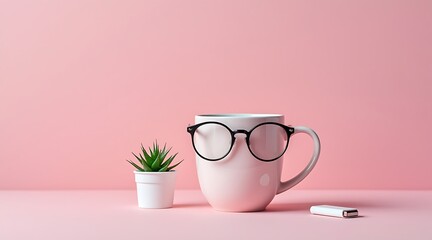 Pink mug with black glasses and small green plant on pink eyewear