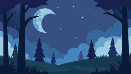 Serene night forest landscape with crescent moon stars and simple tree silhouettes