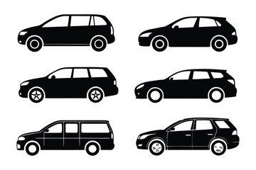 Silhouettes of modern automobiles: A collection of black silhouettes showcasing various modern car models, highlighting their distinct designs and profiles. 