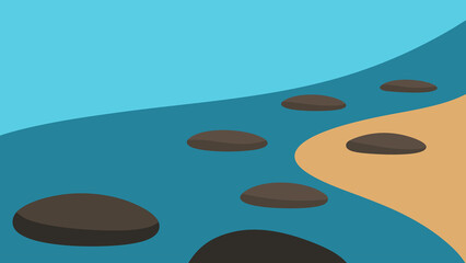 Simple cartoon illustration depicting stepping stones across a blue watery background