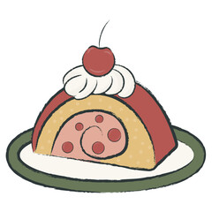 Vector illustration of a rolled Swiss cake with cream and cherry topping, perfect for dessert graphics and bakery designs