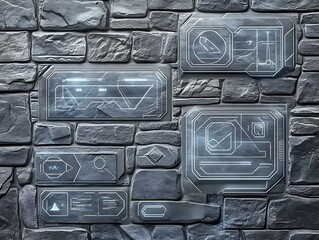 Engraved stone wall mock with translucent interface motifs in cool gray palette