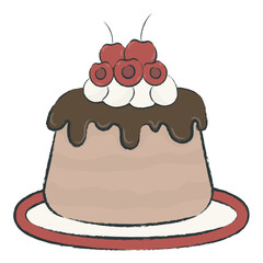 Vector illustration of a chocolate pudding with cherry topping and sauce, ideal for dessert-themed designs and sweet food graphics