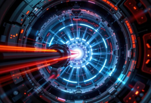heavy ion beam in motion inside accelerator ring, subtle energy glow effect, realistic chamber design, cold textures, sharp industrial contrast, cinematic visual clarity, high resolution tech scene