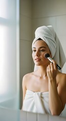 Woman applying makeup with brush in bathroom after shower. Skincare and beauty routine concept for self care.