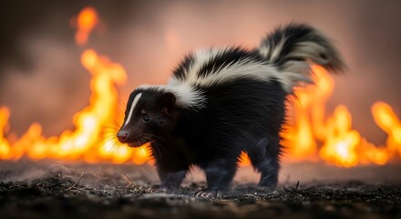 A skunk on scorched earth with burning fire in background. Animal in danger. Wildfire, forest fire and global warming concept.