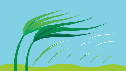 Vector illustration of green plants blowing in the wind against a blue sky background