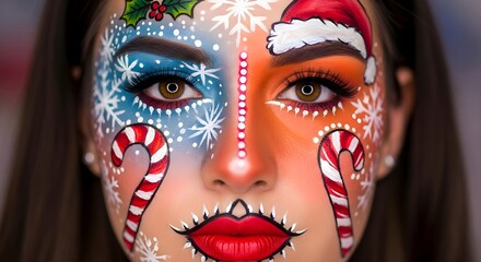 Woman face with festive Christmas themed makeup. Creative holiday face paint for December event. Winter Wonderland and Santa Hat design.