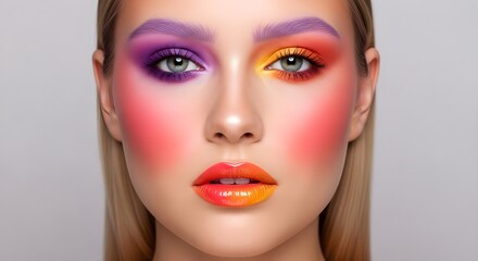 Close up of a woman with vibrant multi color eye makeup and glossy Ombre lips, conceptual art for beauty product.