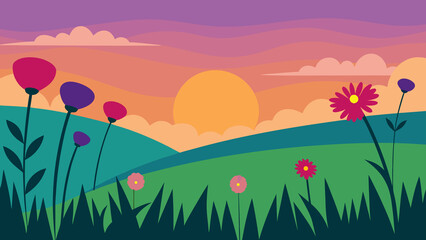 Vibrant sunset landscape with stylized flowers blooming over green fields in evening