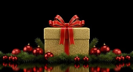 Glittering gold gift box with red bow and christmas ornaments on pine branches. Holiday season greeting card background.