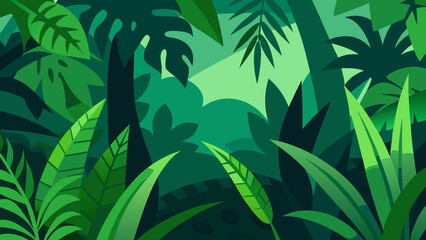 Vibrant green jungle foliage illustration with tropical leaves for screen background
