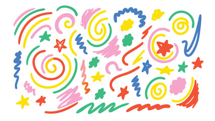 Obraz premium Colorful abstract doodle pattern with stars swirls and scribbles on a white background design element