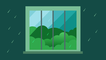 A green window with rain depicting beautiful natural scenery against a dark background