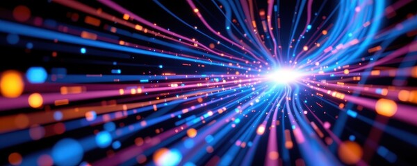 Obraz premium optical fiber cables glowing with high speed data beams, cross section view, vibrant color trails, digital particles flowing, hyperrealistic tech render, cinematic dark lighting, blue tones