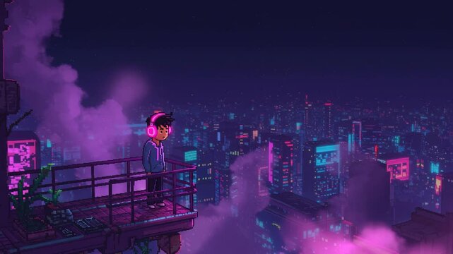 futuristic character pixel style hearing headphone rilexing on rooftop in the city