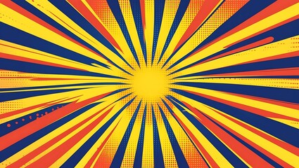Vibrant abstract background with radiating lines in yellow red and blue with halftone dot patterns creating a dynamic comic book style effect