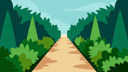 Cartoon illustration of a park pathway with green trees under a light blue sky background