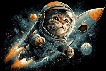 Generative AI. Cat in a space suit, soaring through the cosmos with a rocket, surrounded by planets and stars, showcasing a whimsical and adventurous theme of space exploration