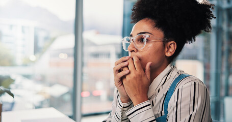 Biting nails, mistake and stress with business woman in office for reaction to crisis or loss....